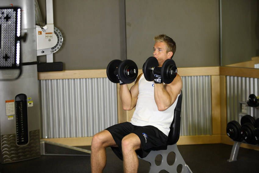 Arnold Press demonstration, start of the movement, targeting the shoulders