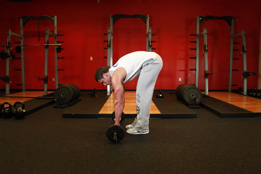 Barbell Rollout demonstration, start of the movement, targeting the abs