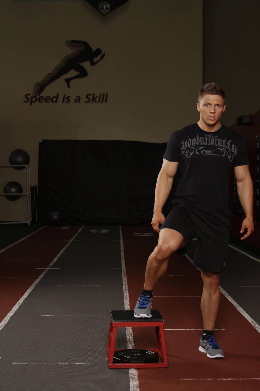 Lateral Box Shuffle demonstration, start of the movement, targeting the calves