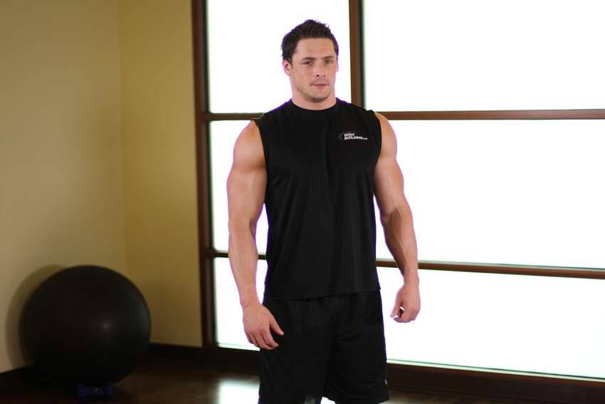 Cross-Body Shoulder Stretch demonstration, start of the movement, targeting the shoulders
