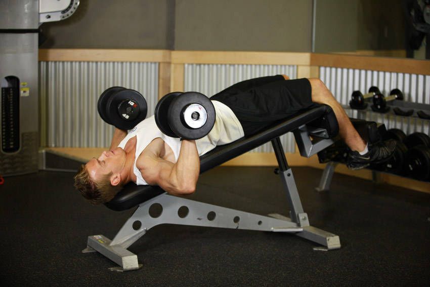 Decline Dumbbell Press demonstration, start of the movement, targeting the chest