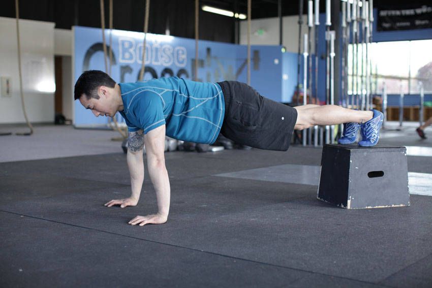 Decline Push-Up demonstration, start of the movement, targeting the chest