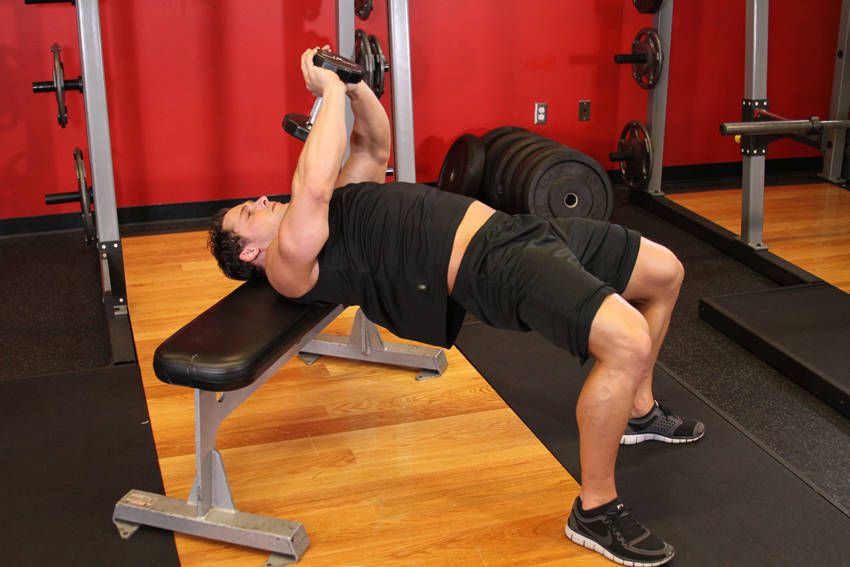 Dumbbell Pullover demonstration, start of the movement, targeting the back