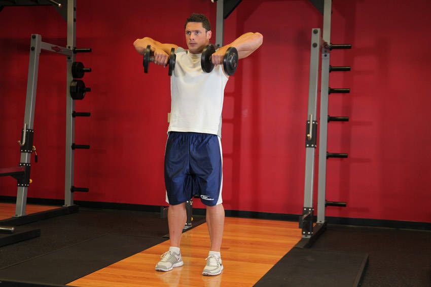 Dumbbell Upright Row demonstration, start of the movement, targeting the shoulders