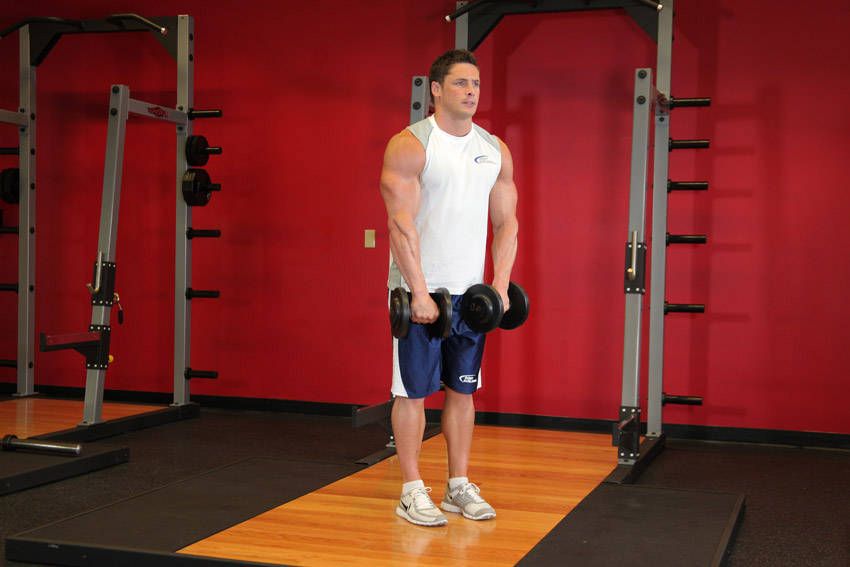 Dumbbell Front Raise demonstration, start of the movement, targeting the shoulders