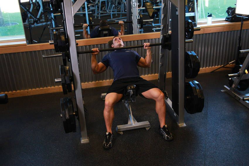 Incline Smith Machine Press demonstration, start of the movement, targeting the chest