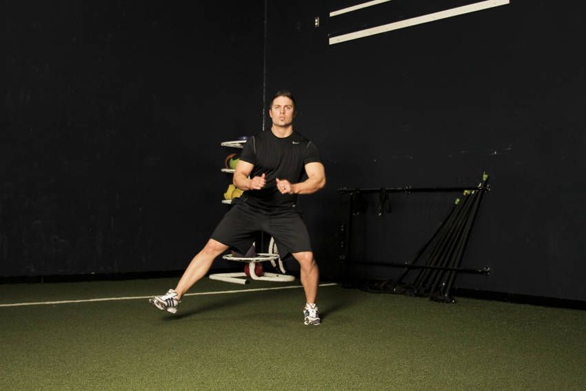 Lateral Bound (Skater) demonstration, start of the movement, targeting the glutes