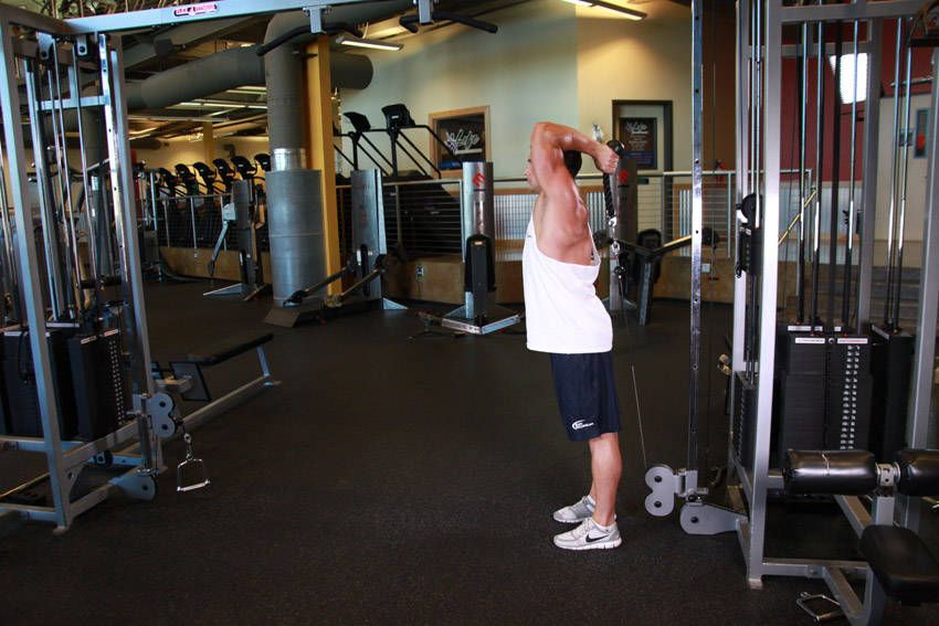 Overhead Cable Tricep Extension demonstration, start of the movement, targeting the triceps