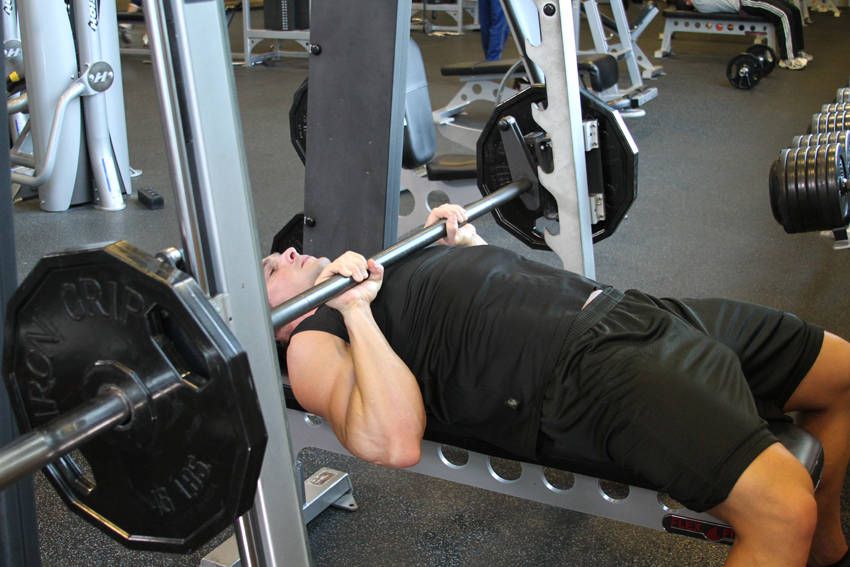 Smith Machine Close-Grip Bench Press demonstration, start of the movement, targeting the triceps