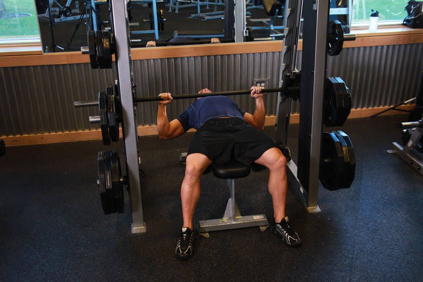 Smith Machine Bench Press demonstration, start of the movement, targeting the chest
