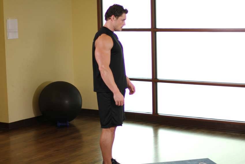 Standing Toe-Touch Stretch demonstration, start of the movement, targeting the hamstrings