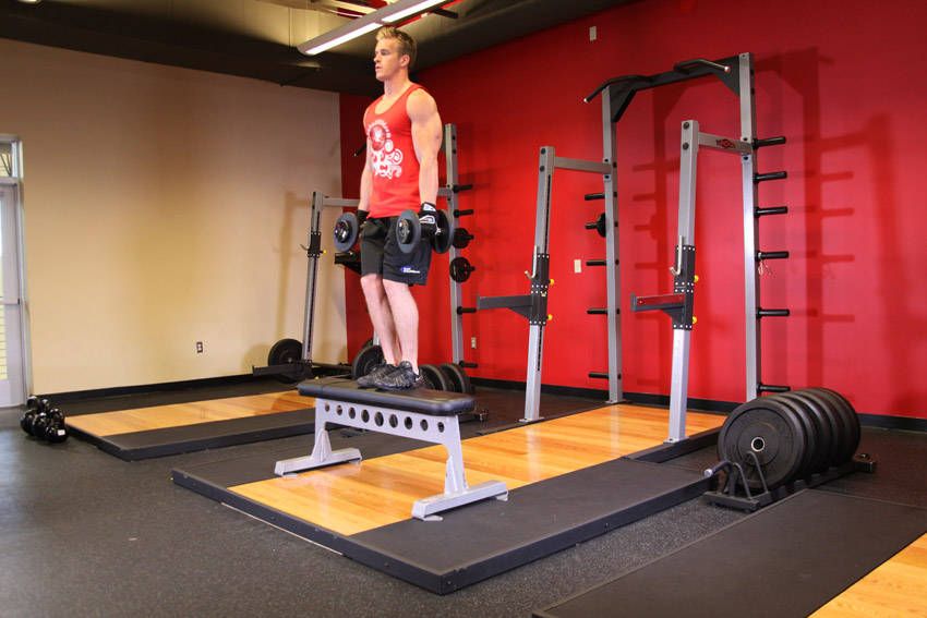 Dumbbell Step-Up demonstration, start of the movement, targeting the quads